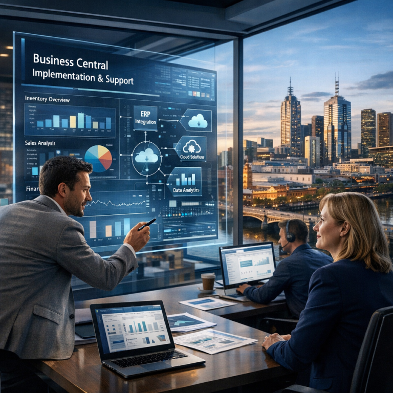 Consultants reviewing a Business Central implementation dashboard with a client in a city office